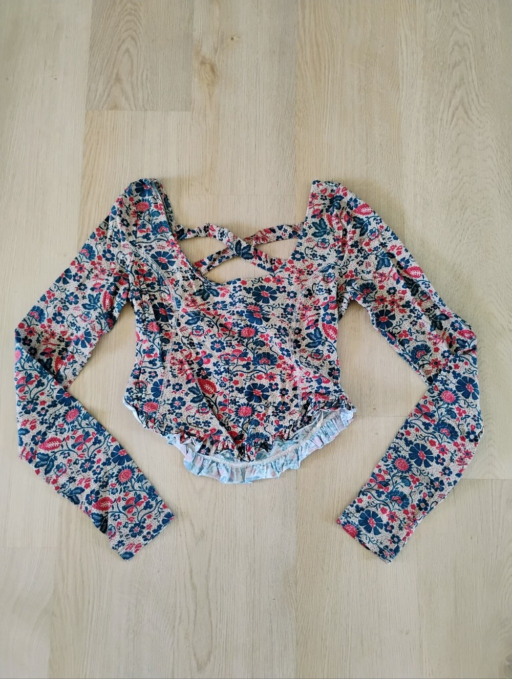 Free People Floral Crisscross Long Sleeve Crop Top - Pink, Blue & Cream